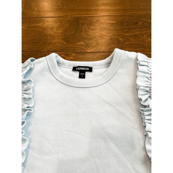 Express Women's XS Ribbed Ruffle‎ Sleeve Top Light Blue Cotton Spandex - Picture 3 of 8